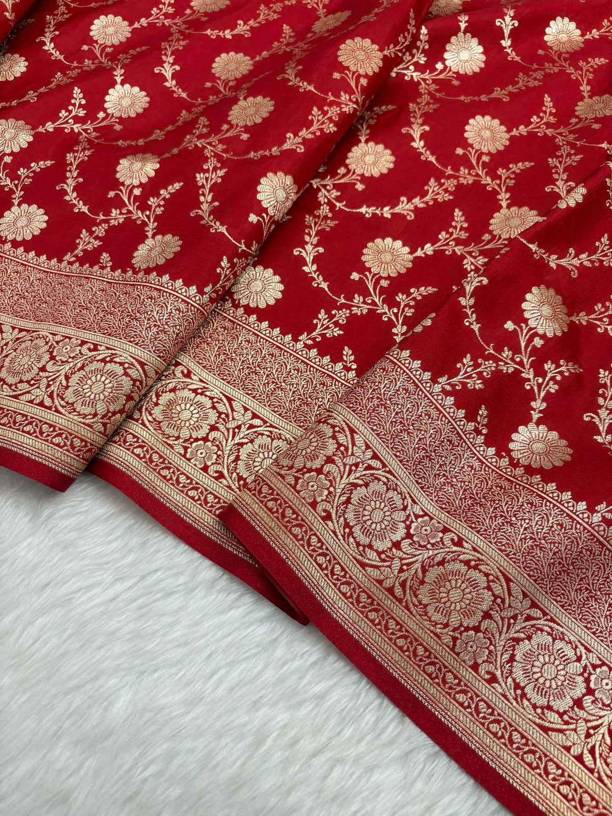 Red Satin Silk Banarasi Saree with Golden Zari Floral Bel Jaal