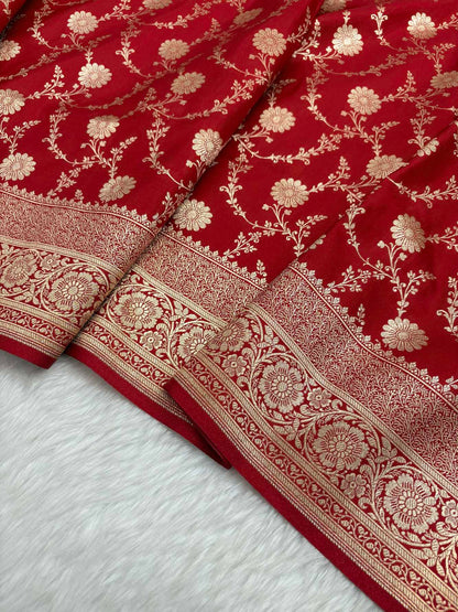 Red Satin Silk Banarasi Saree with Golden Zari Floral Bel Jaal