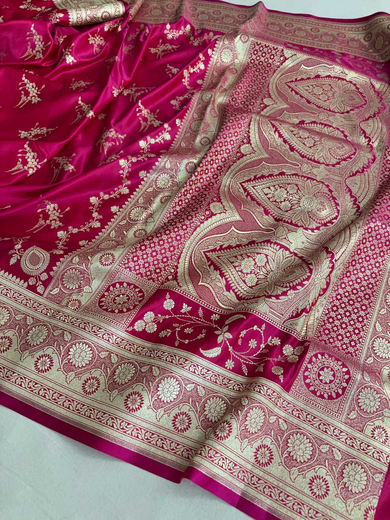 Rani Pink Soft Kataan Silk Banarasi Saree Light Gold Work