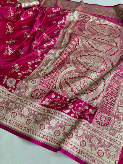 Rani Pink Soft Kataan Silk Banarasi Saree Light Gold Work