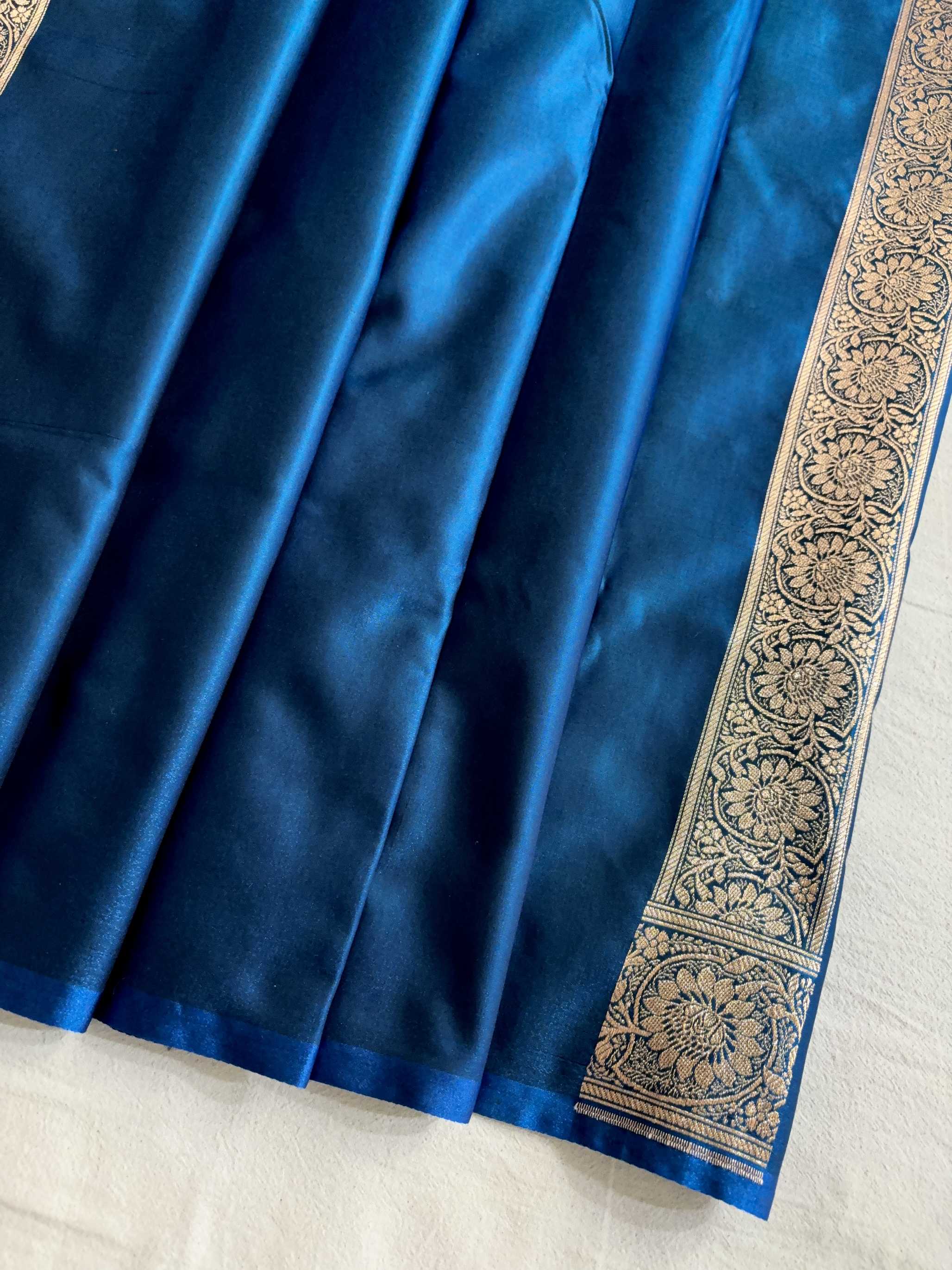 Teal Blue Satin Silk Banarasi Saree Floral Swarna Latika Jaal
