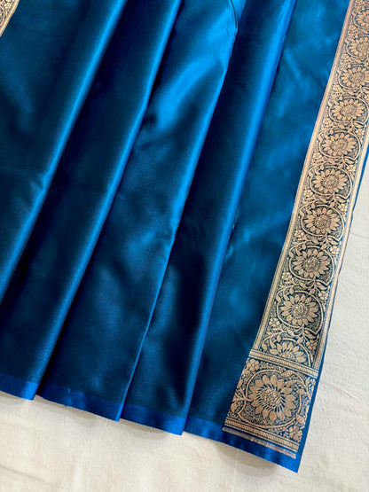 Teal Blue Satin Silk Banarasi Saree Floral Swarna Latika Jaal