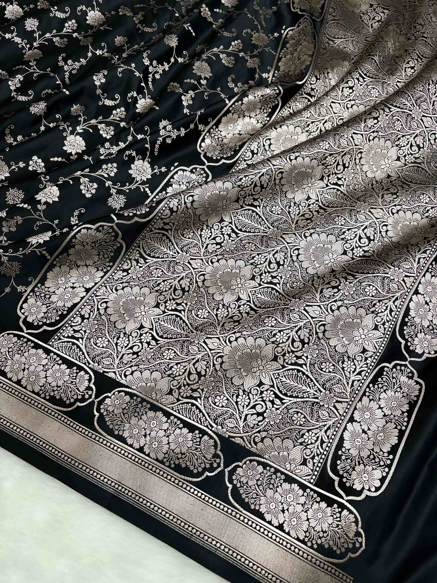 Black Soft Kataan Silk Banarasi Saree With Silver Zari