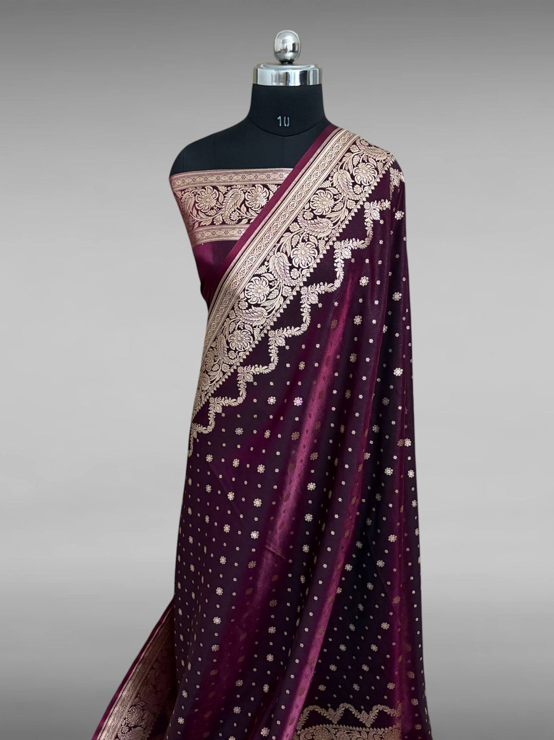 Wine Satin Silk Banarasi Saree – Light Golden Zari Buti Work