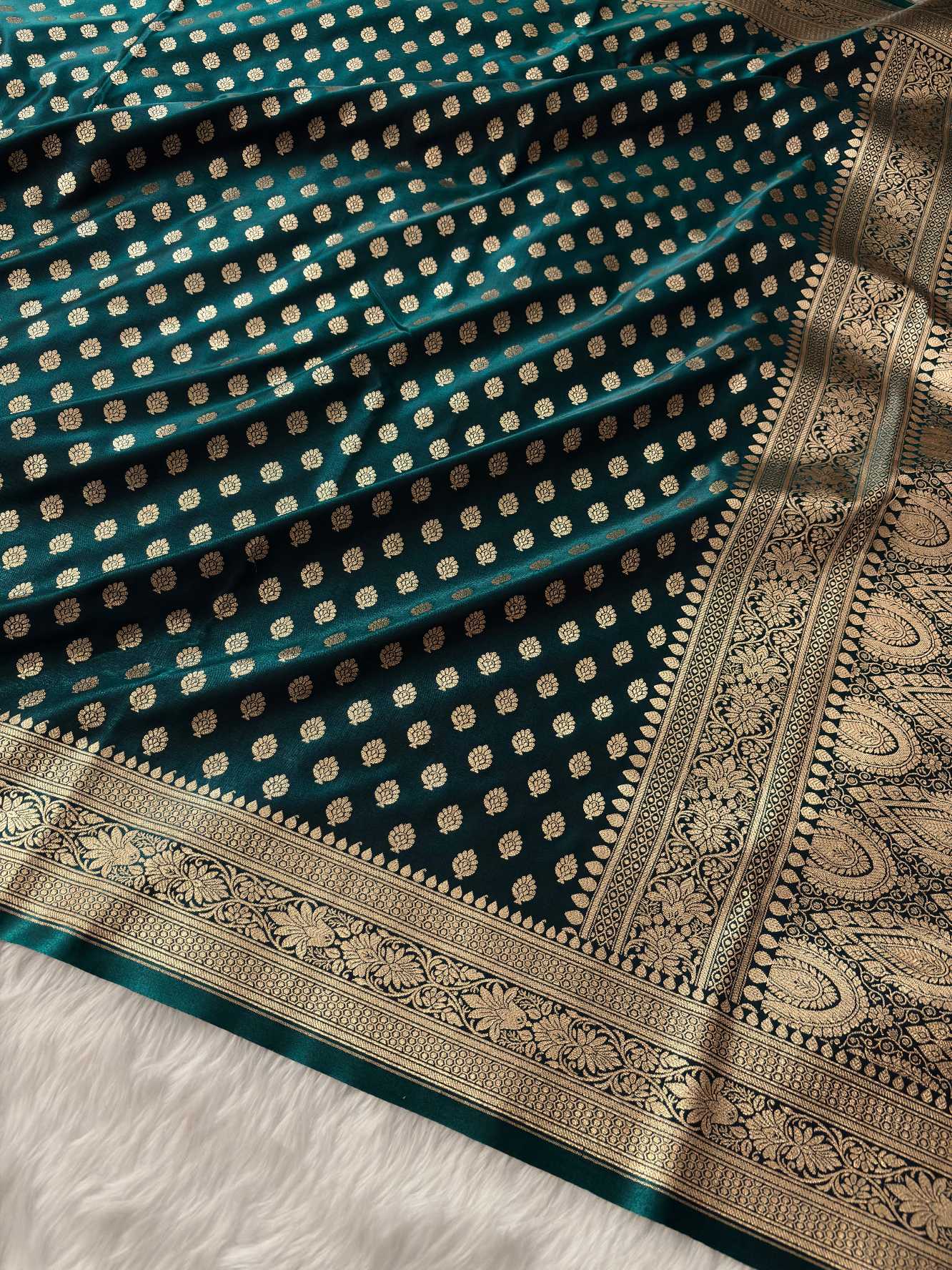 Teal Green Satin Silk Banarasi Motif Saree