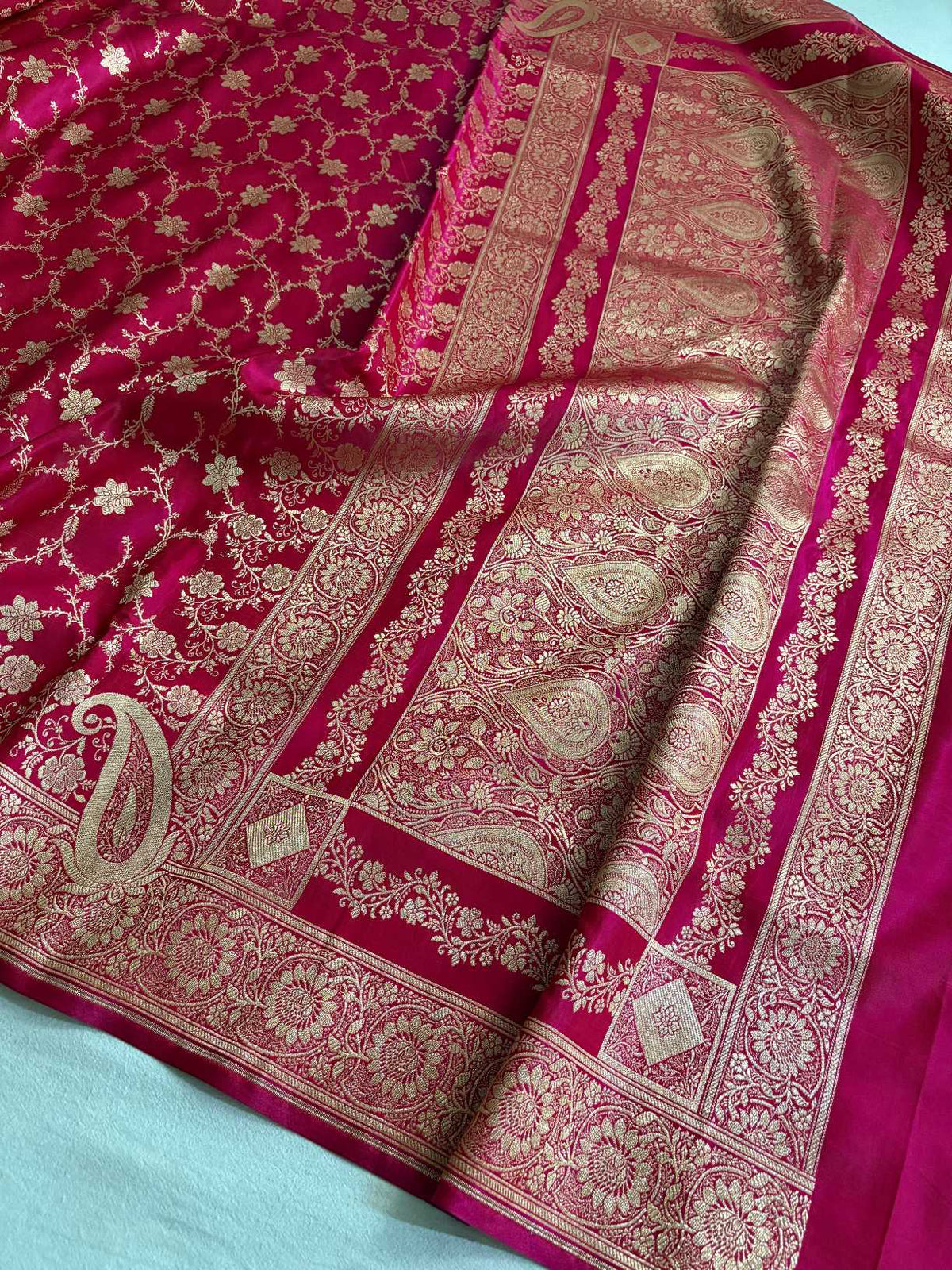 Rani Pink Satin Silk Banarasi Saree Floral Swarna Latika Jaal