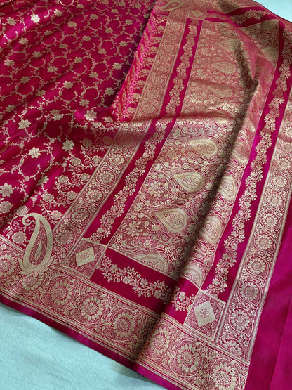 Rani Pink Satin Silk Banarasi Saree Floral Swarna Latika Jaal