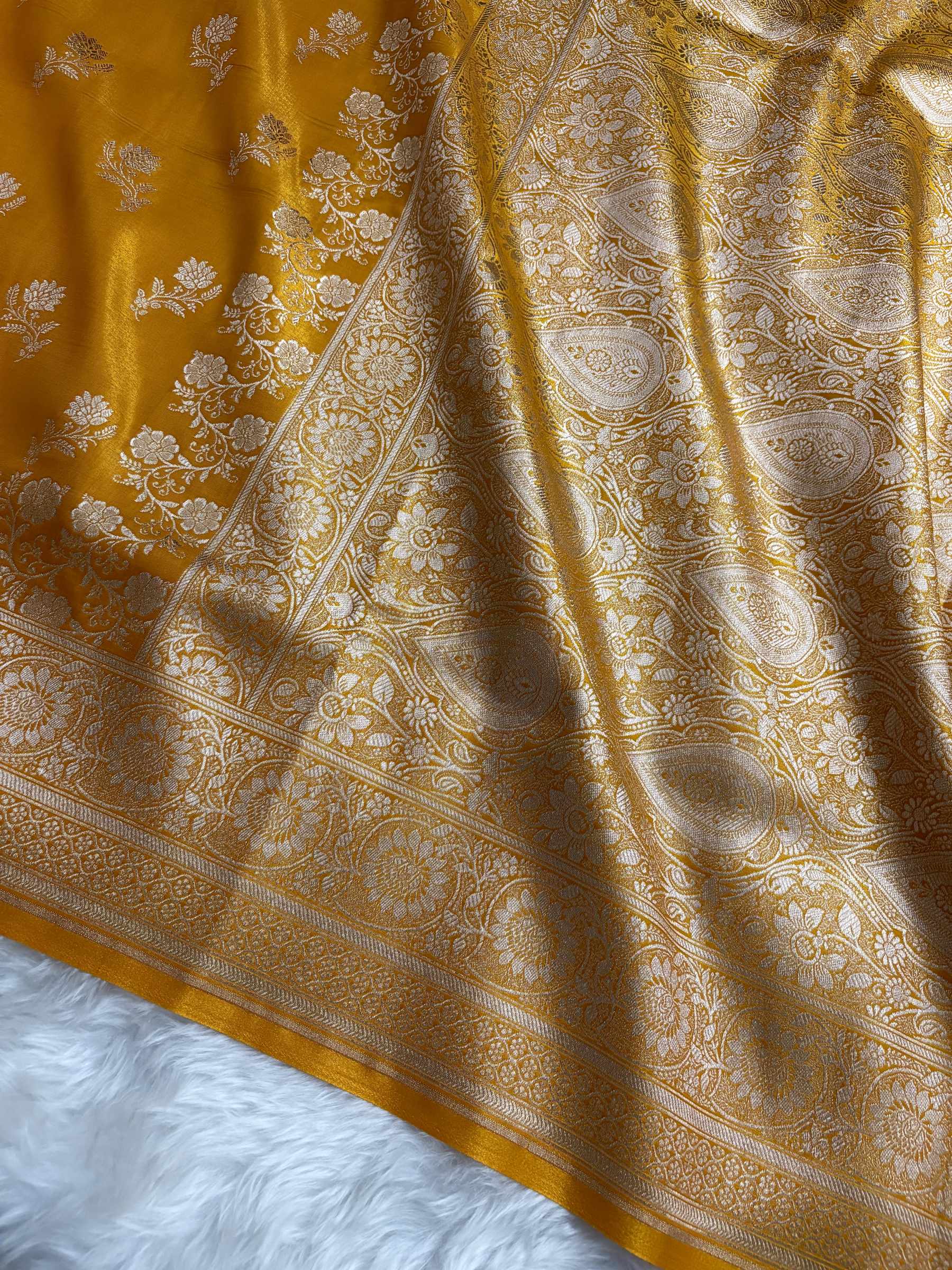 Haldi with Golden Zari Work and Rose Buti Design Satin Silk Banarasi Saree