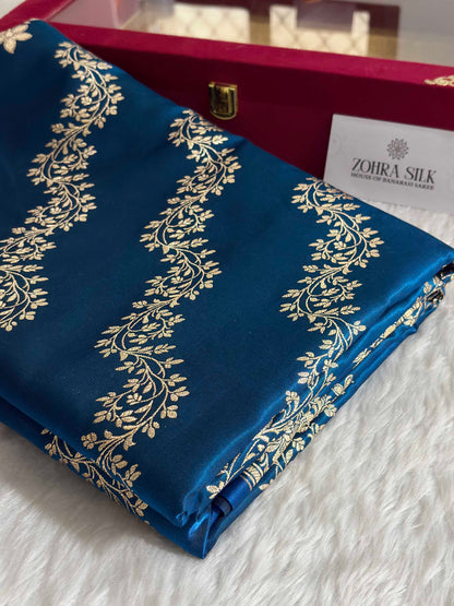 Laheriya Jaal Satin Silk Banarasi Saree Teal Blue Shades