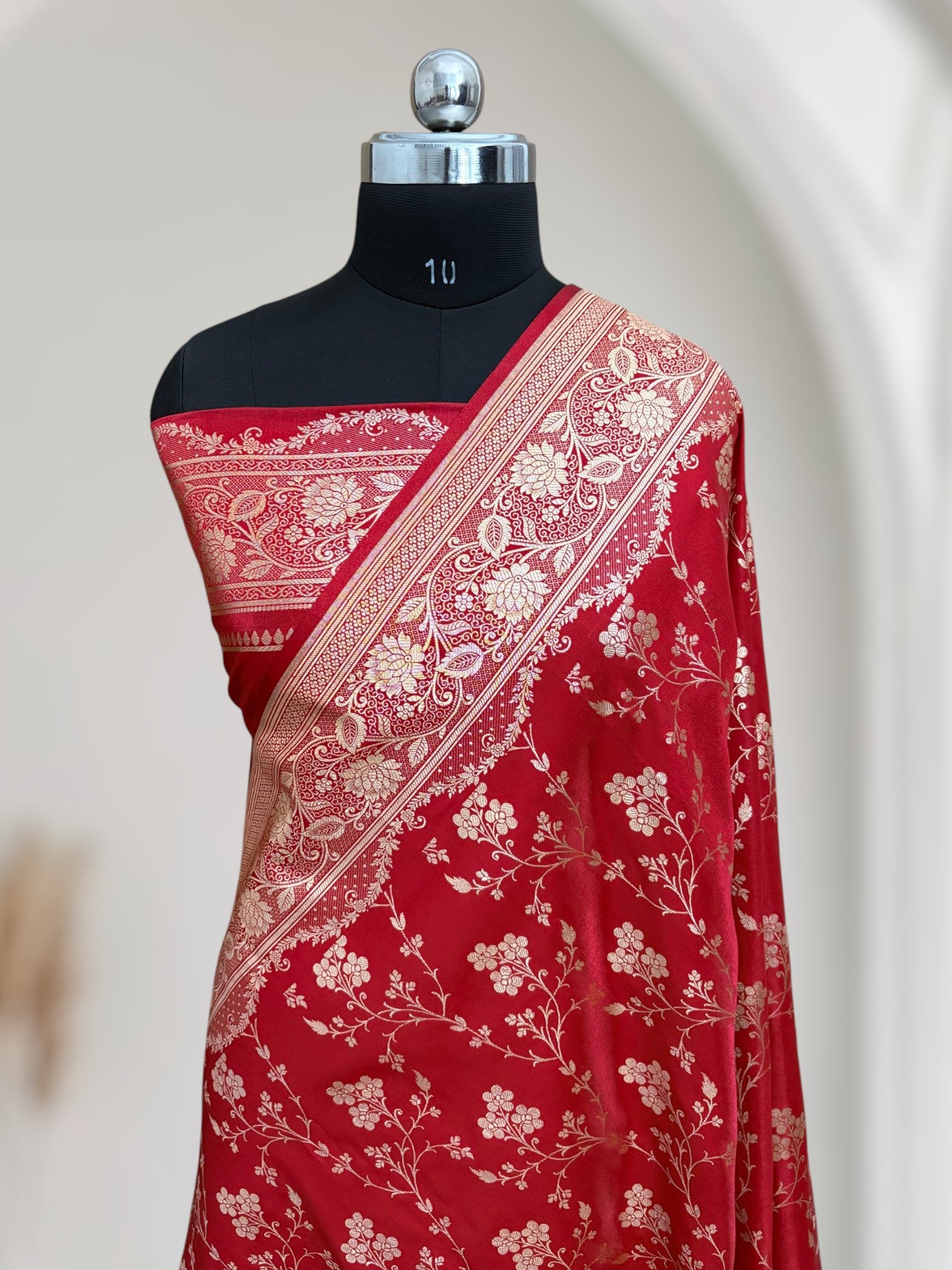 Red Satin Silk Banarasi Saree – Golden Zari Floral Jaal