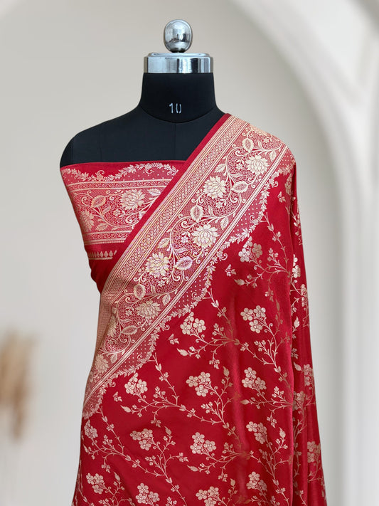 Red Satin Silk Banarasi Saree – Golden Zari Floral Jaal