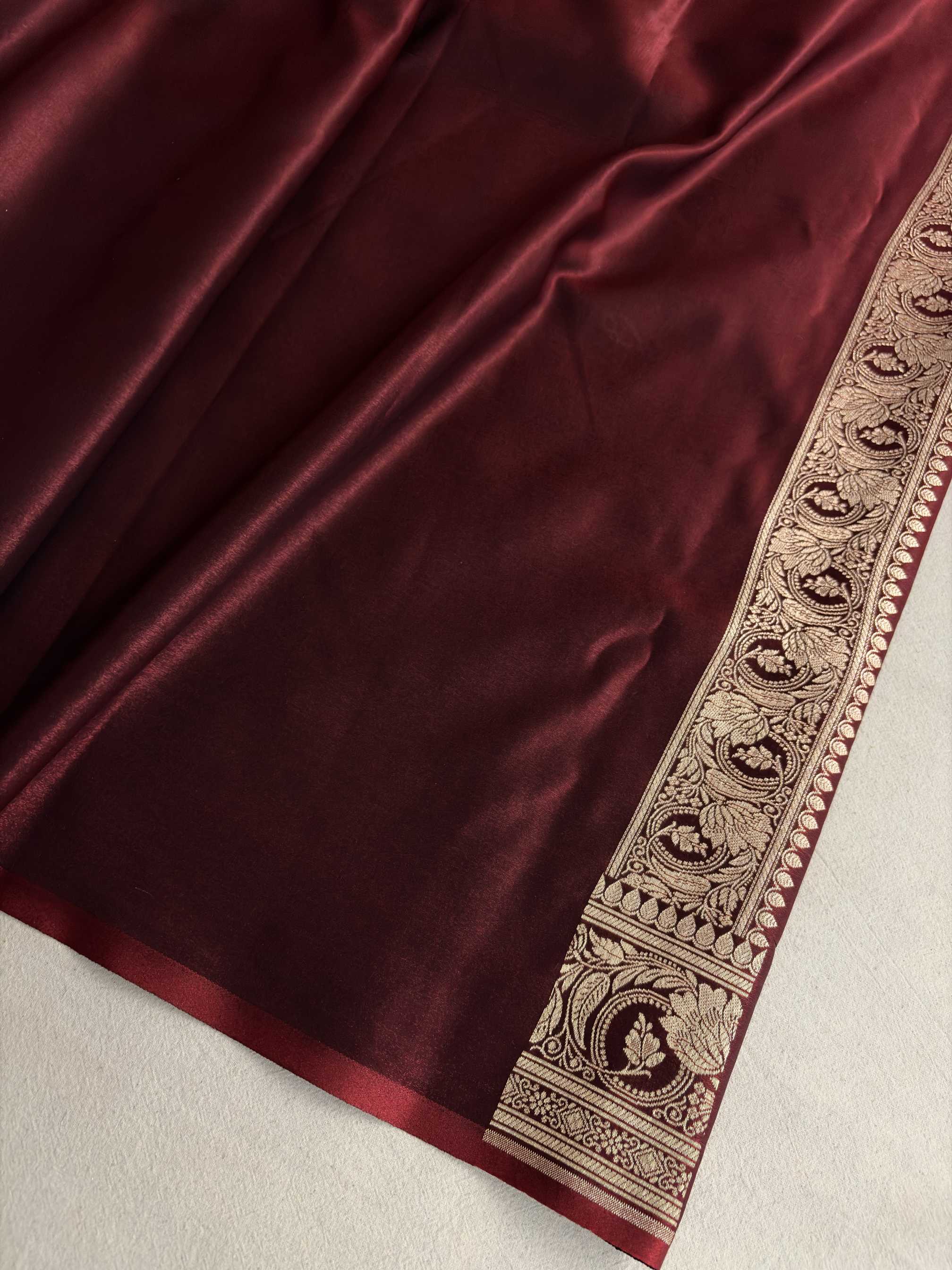 Dark Maroon Satin Silk Saree Banarasi Motif