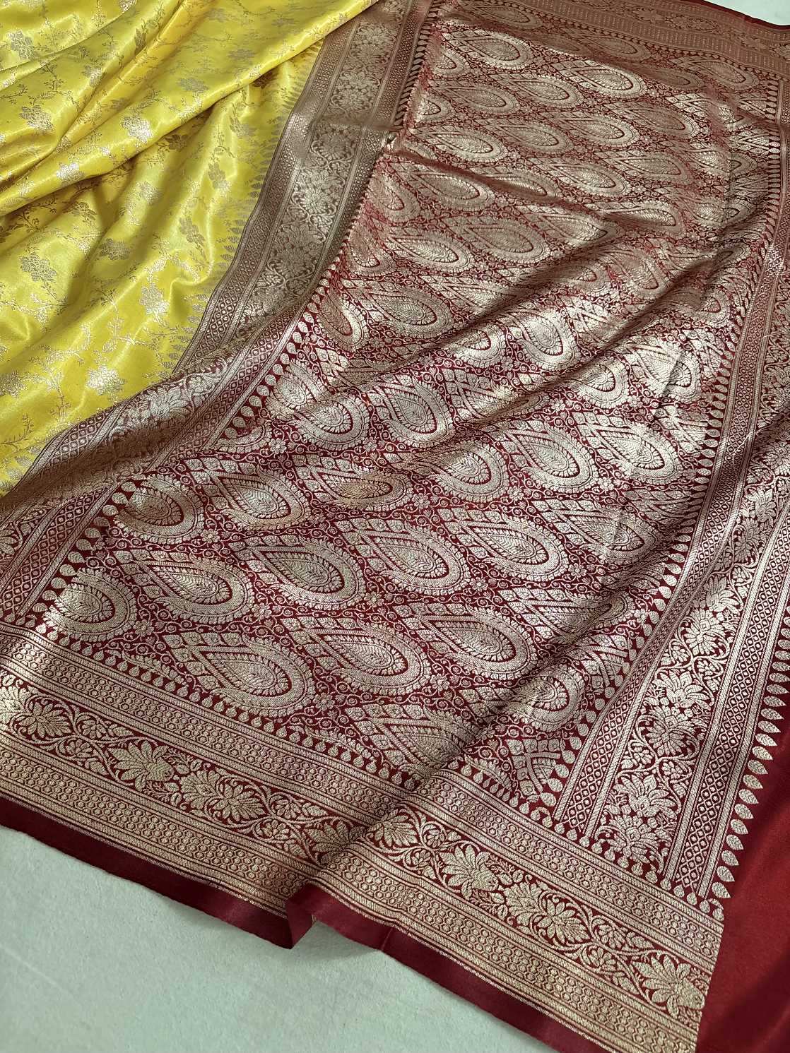 Yellow & Red Satin Silk Banarasi Saree Jaal Pttern