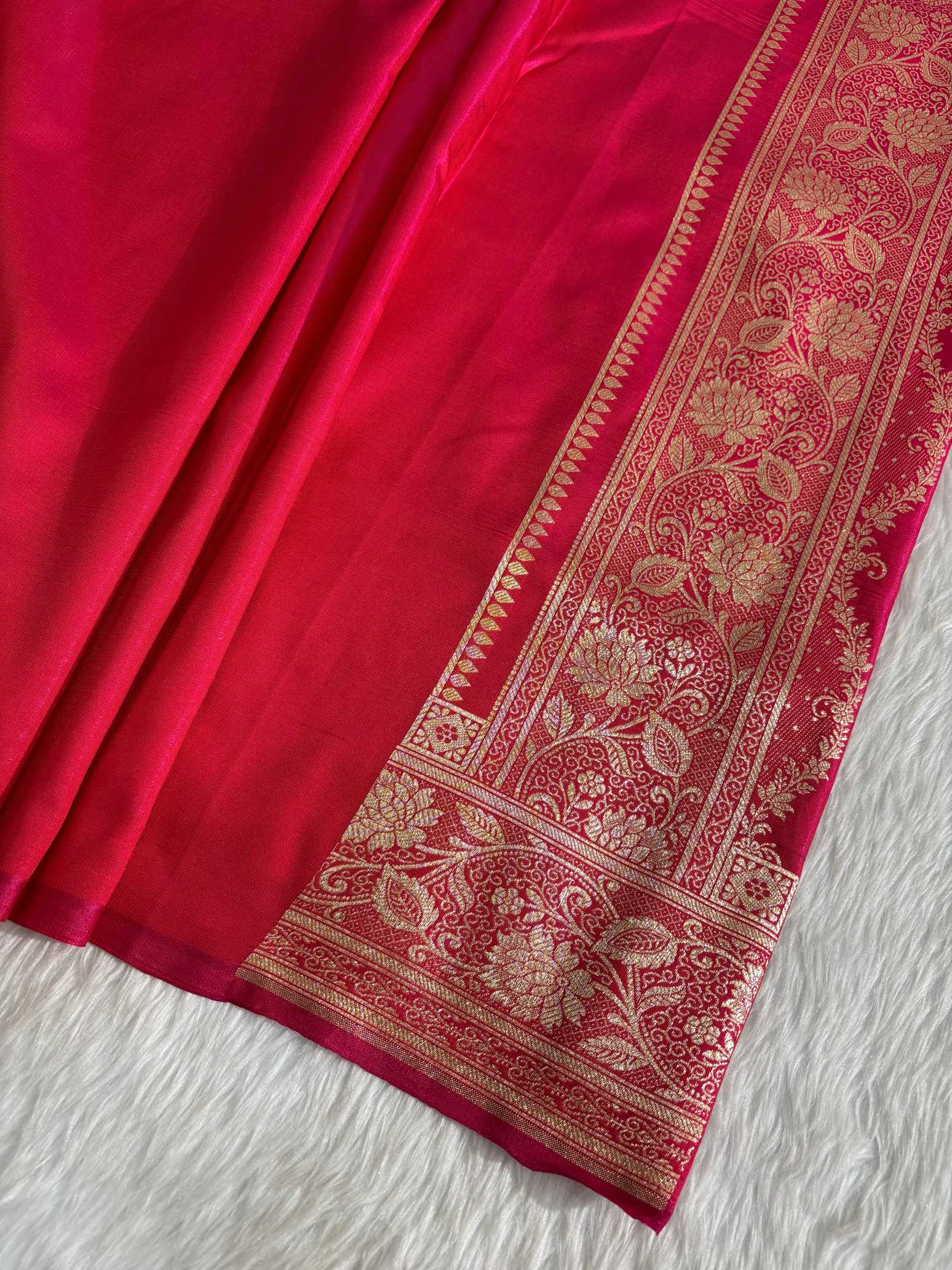 Rani Pink Satin Silk Banarasi Saree with Golden Zari Classic Jaal
