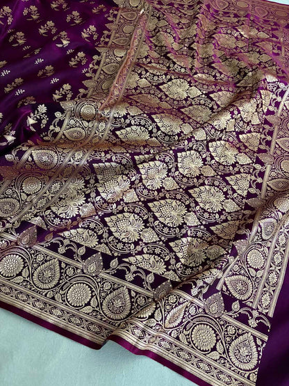 Wine Shaded Fancy Motif Satin Silk Banarasi Saree