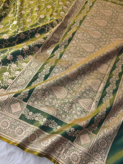 Mongiya Green Satin Silk Banarasi Saree Floral Swarna Latika Jaal