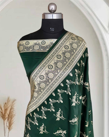 Deep Bottle Green Soft Kataan Silk Banarasi Saree Light Gold Work