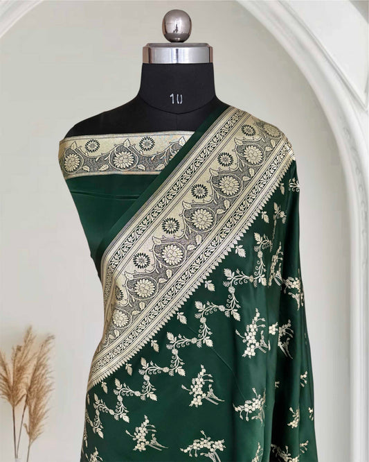 Deep Bottle Green Soft Kataan Silk Banarasi Saree Light Gold Work