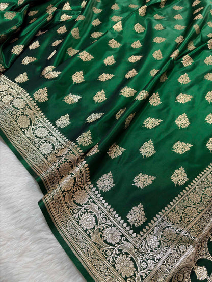 Dark Green Shaded New Motif Satin Silk Banarasi Saree